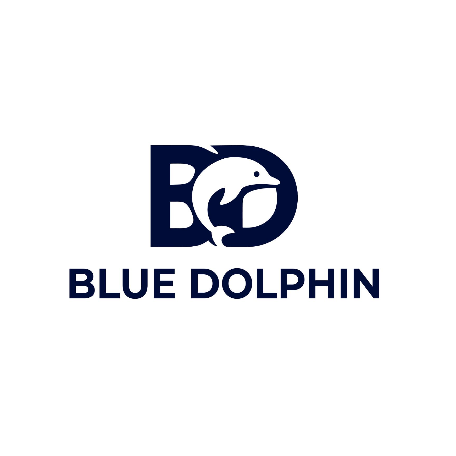 Blue Dolphin industrial logo with dolphin icon symbolizing strength and precision