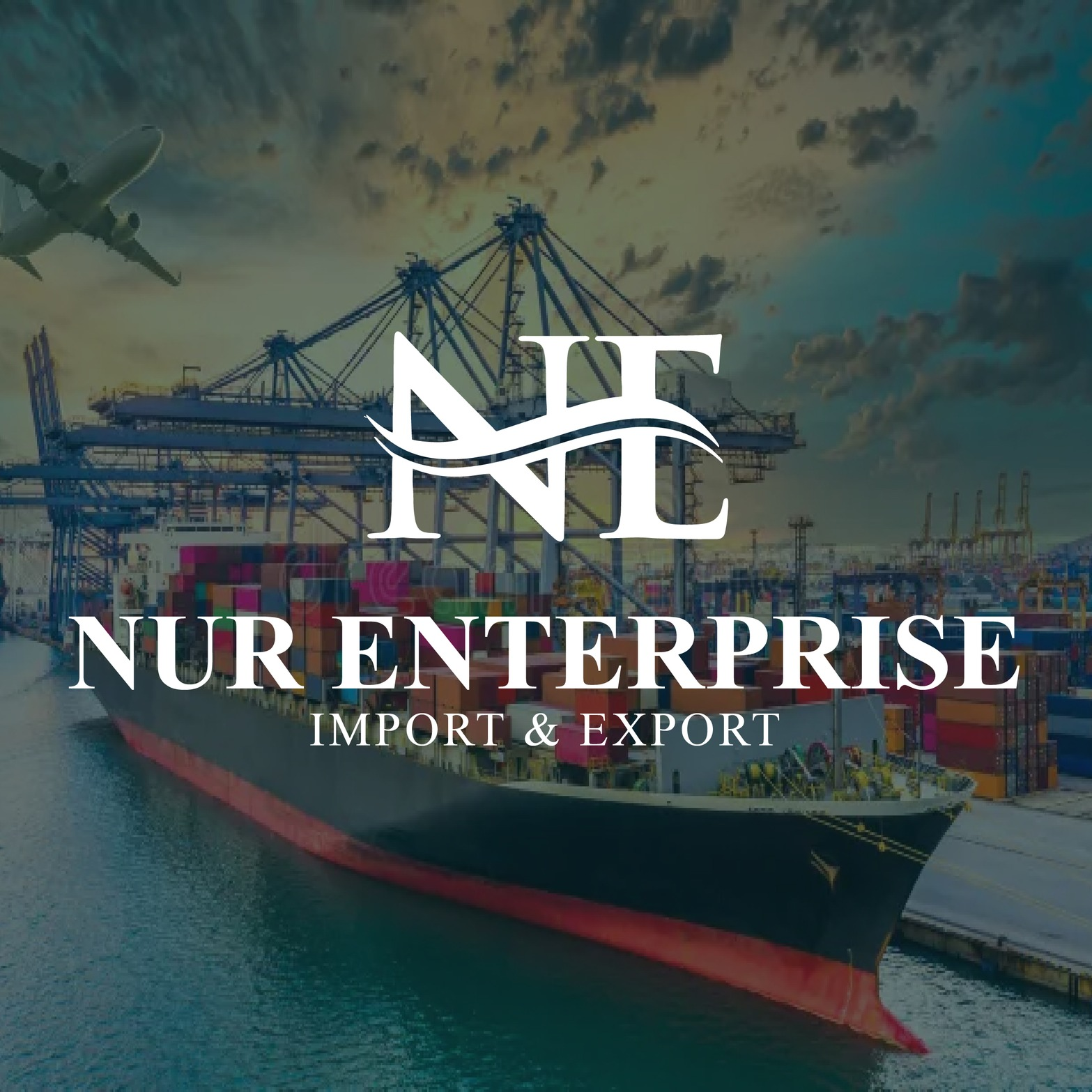 Nur Enterprise import export logo with cargo ship and global trade theme