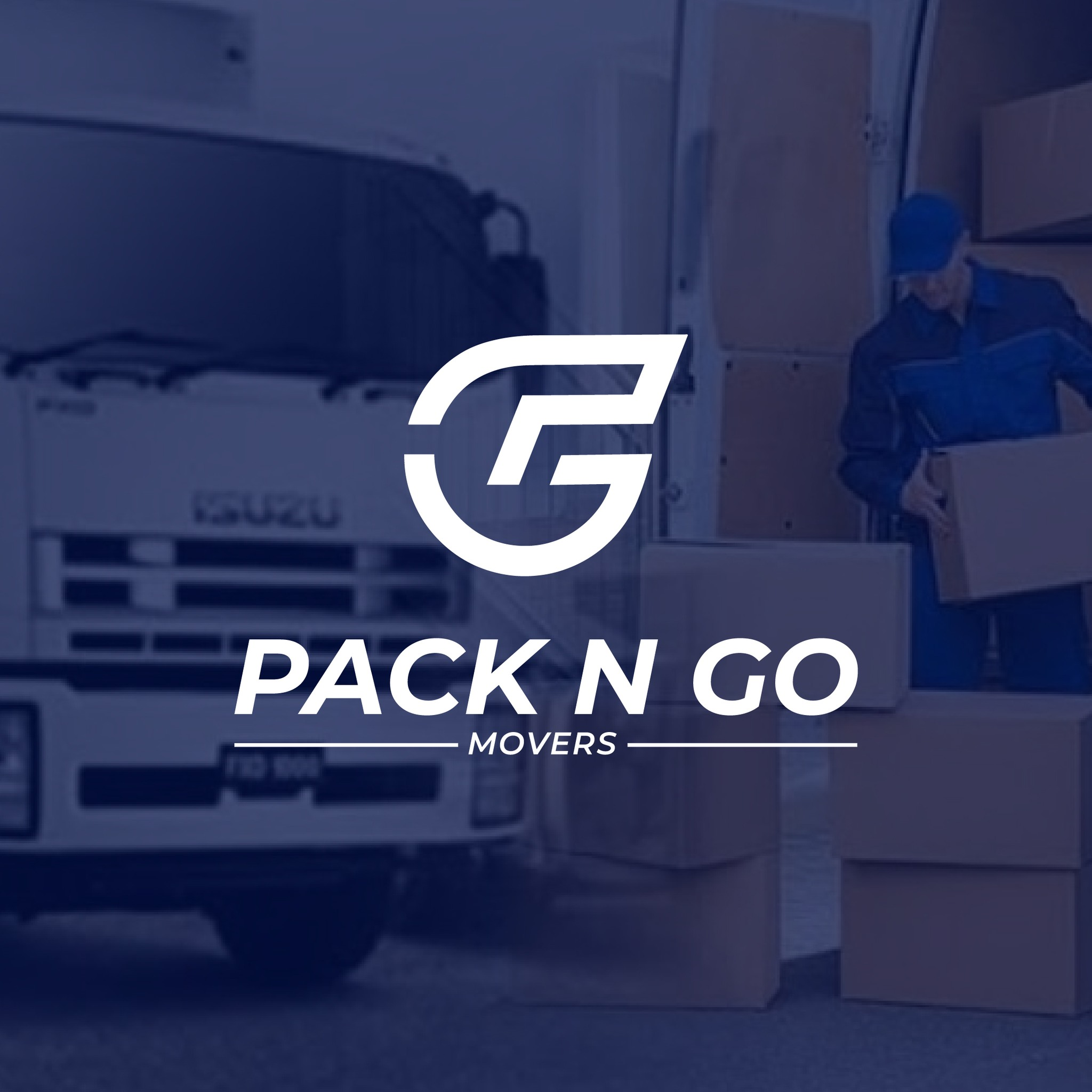 Modern white Pack N Go Movers logo design overlayed on a relocation truck background