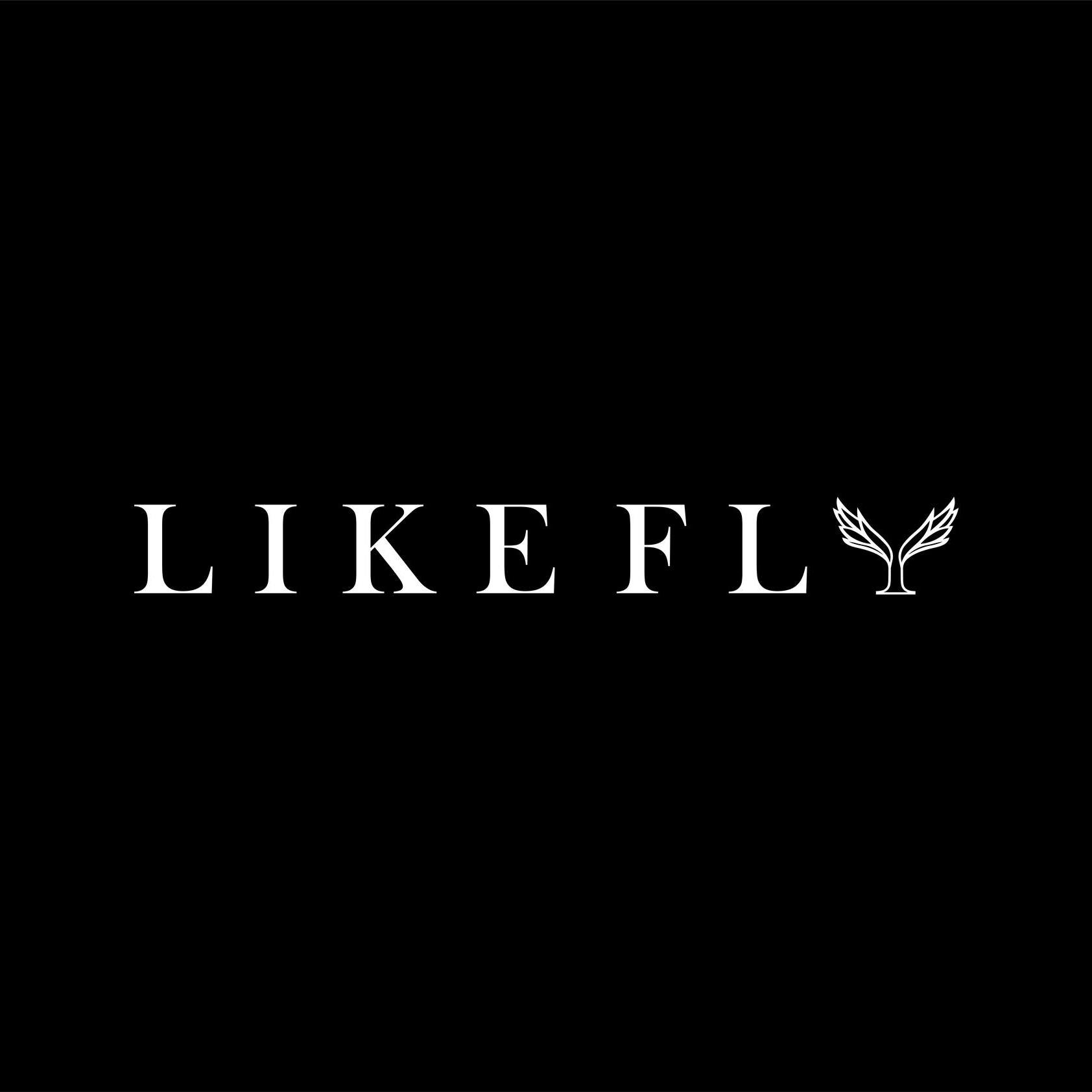 Minimalist white Like Fly logo design with winged typography on a black background