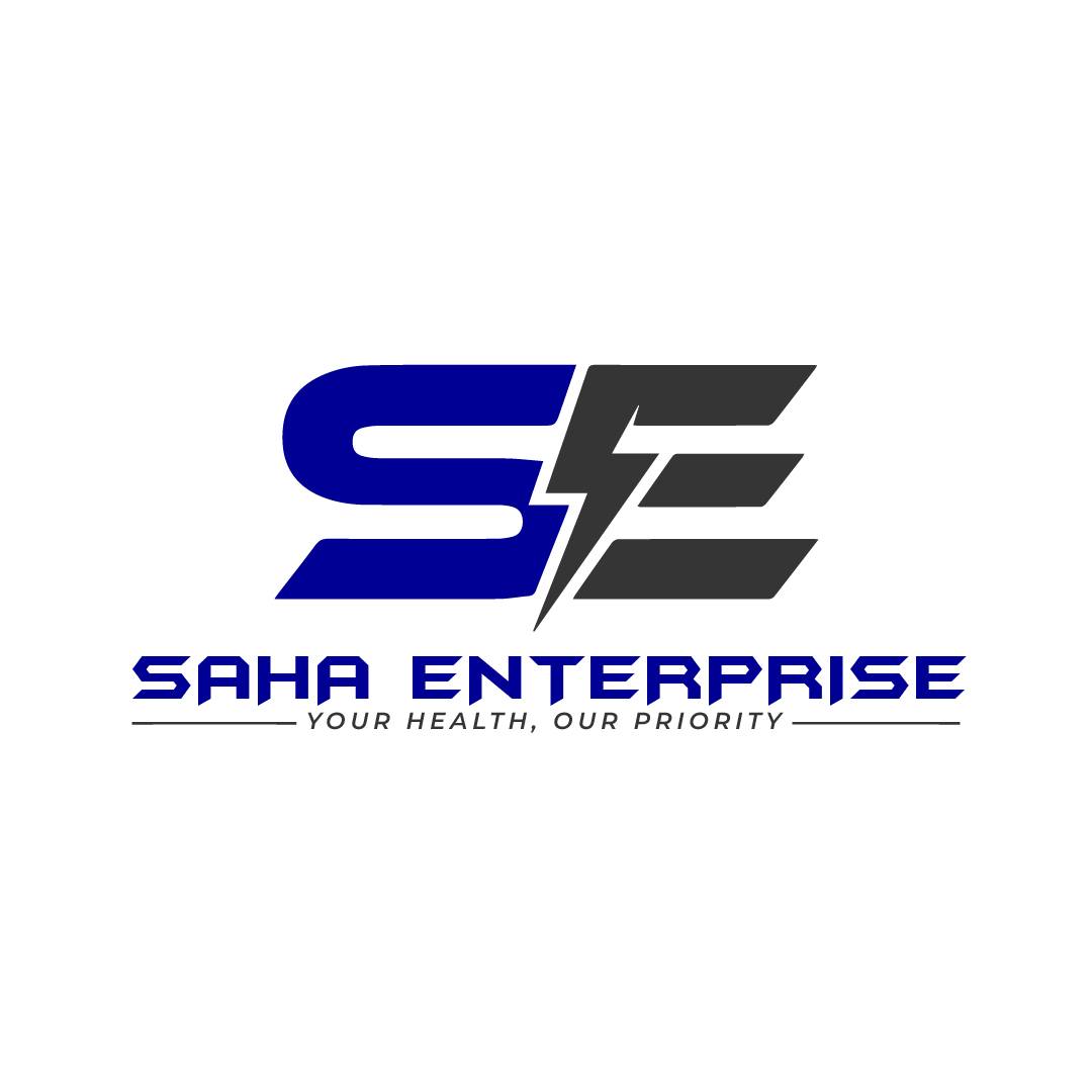 Blue and grey Saha Enterprise corporate logo design with health tagline