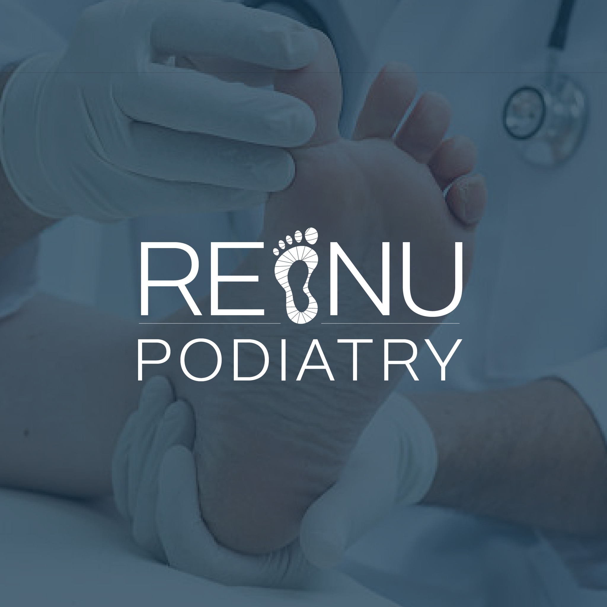 Clean white ReNu Podiatry medical logo with a foot icon on a clinical background