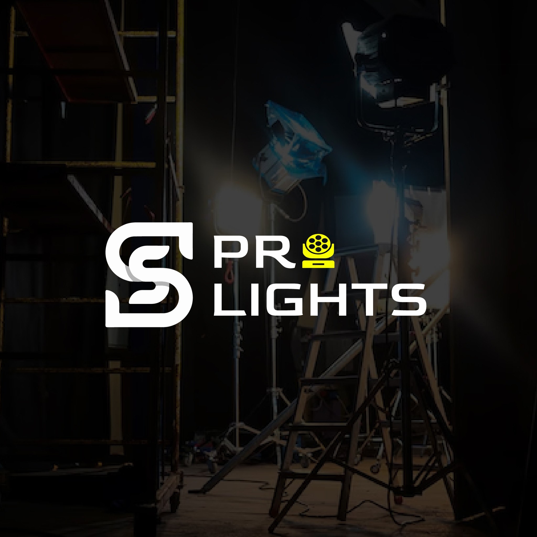 Professional SPRO Lights logo with yellow spotlight icon on a stage production background