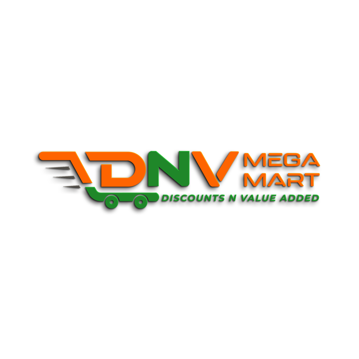 Modern orange and green retail logo for ADNV Mega Mart with speed line elements