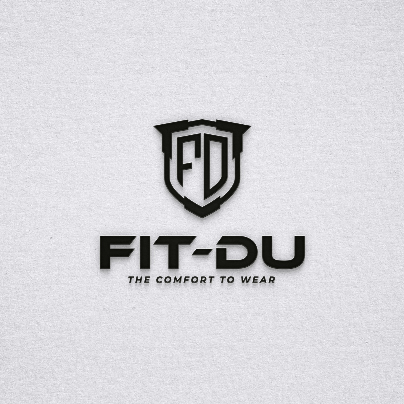 Bold black Fit-Du shield logo design on a textured paper background