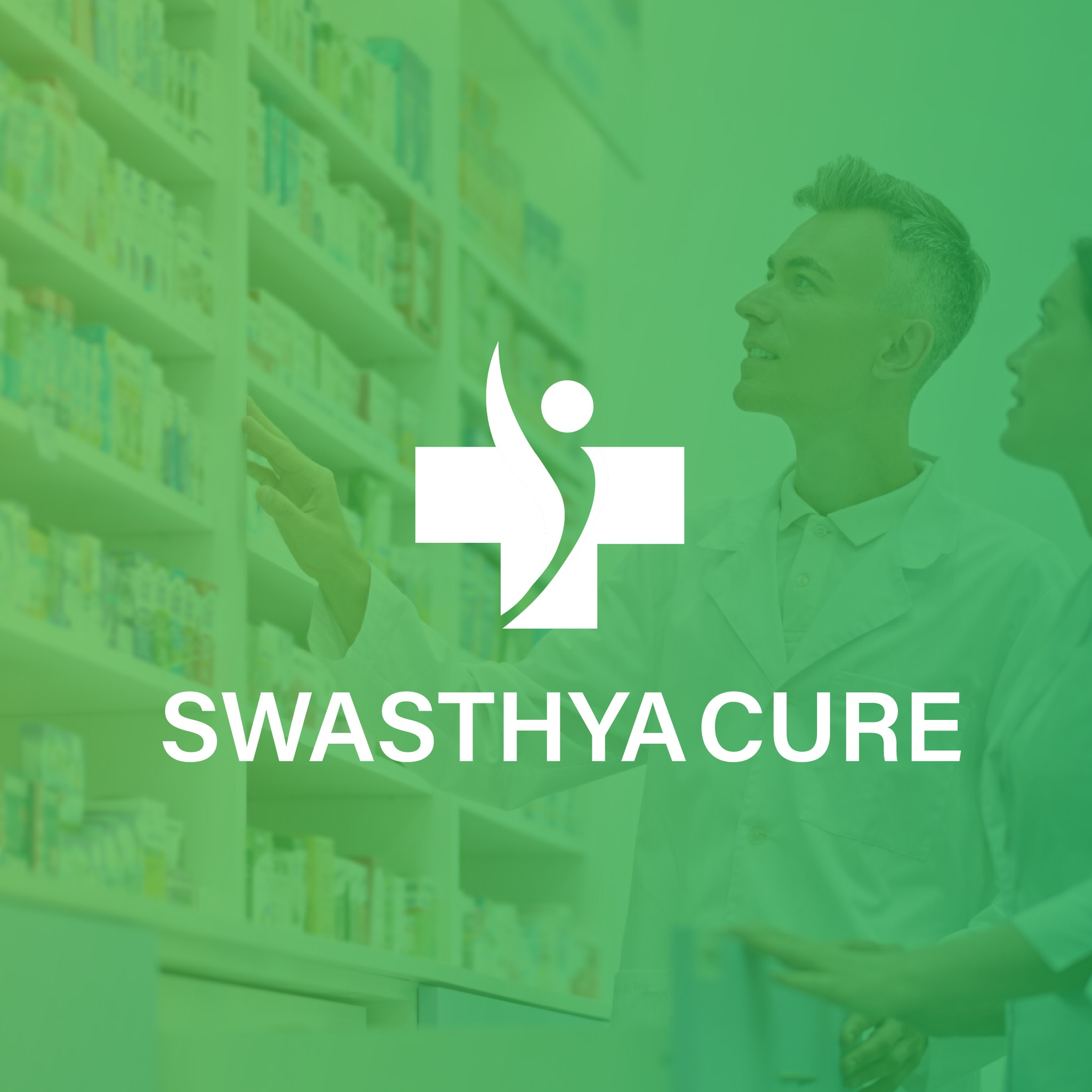 Blue and green healthcare logo for Swasthya Cure on a rolled paper mockup