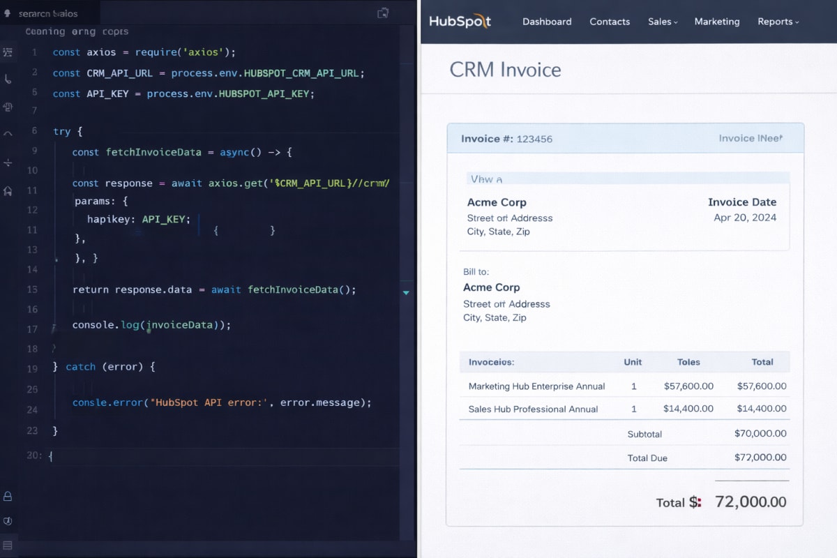 Split screen showing Node.js code and a high HubSpot CRM invoice.