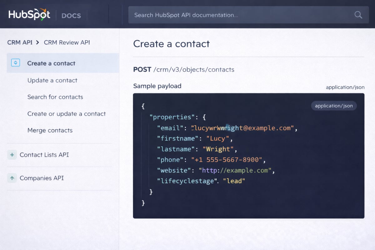 HubSpot CRM Review API documentation interface showing a JSON payload for contact creation.