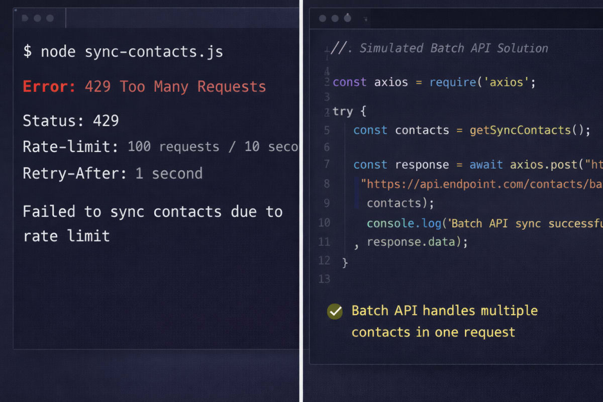 Terminal showing 429 Too Many Requests error next to a batch API solution.