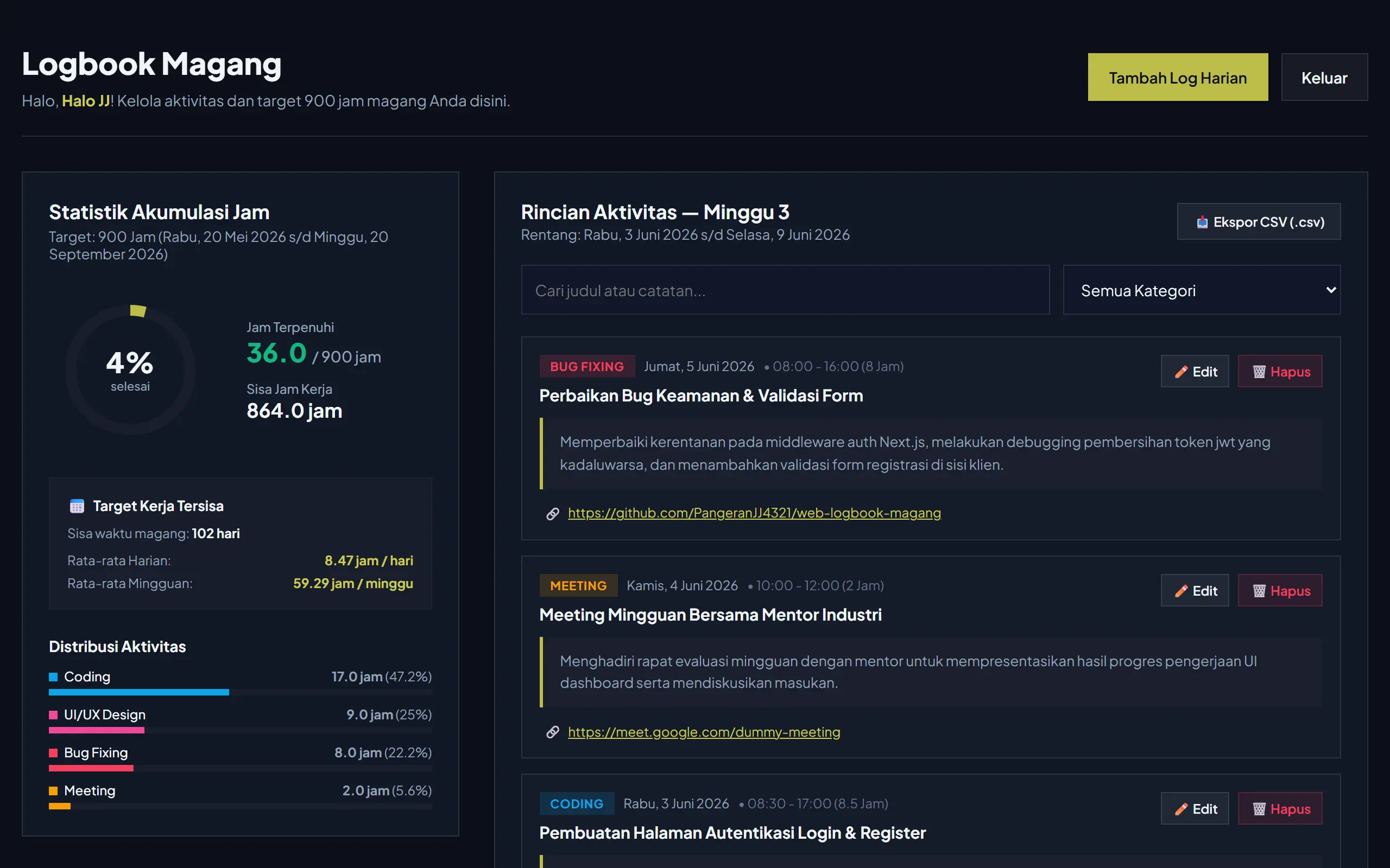 Logbook Dashboard Mockup