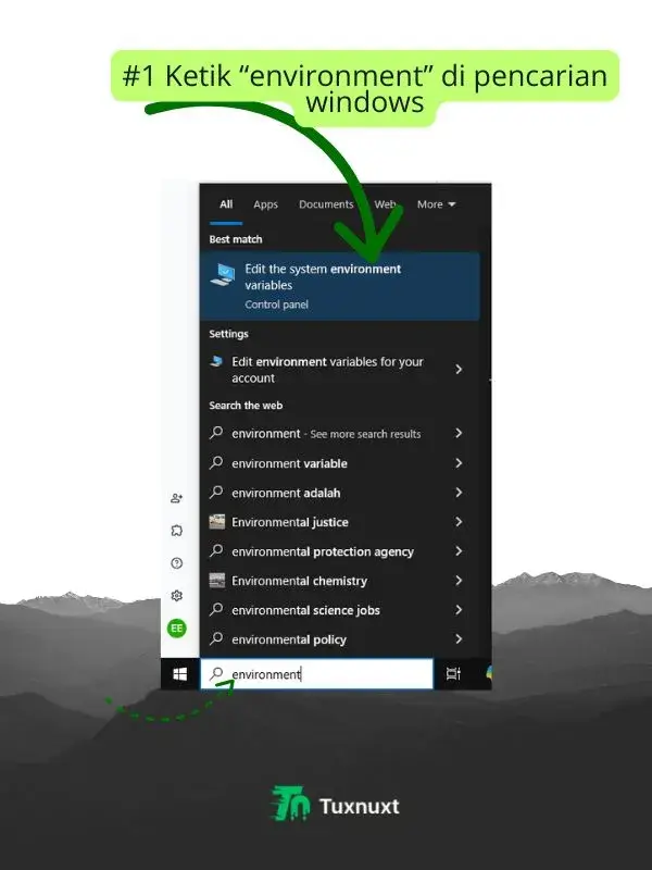 di search atau pencarian windows ketik environment