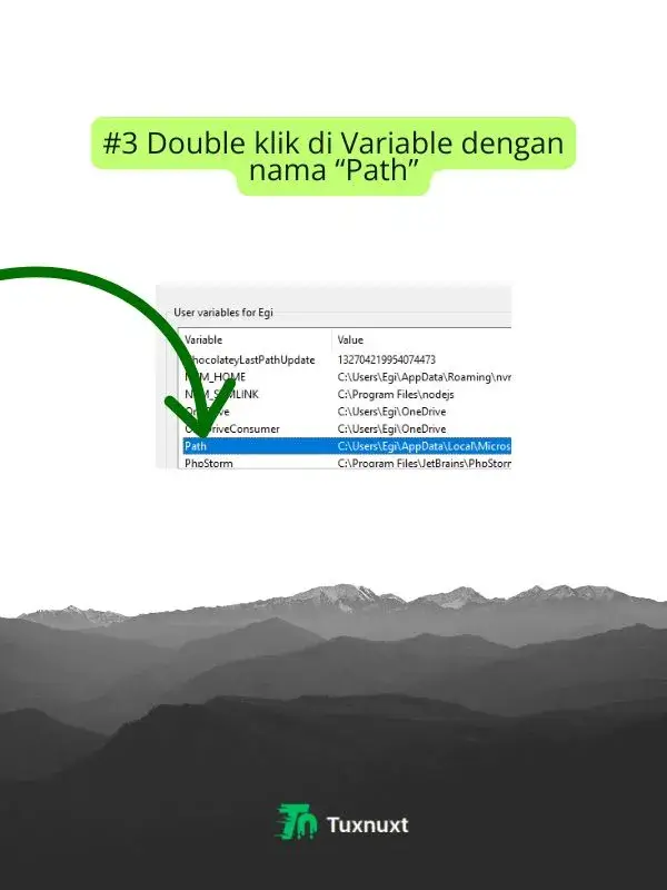 Di Menu User variables for NamaUser double klik yang Path