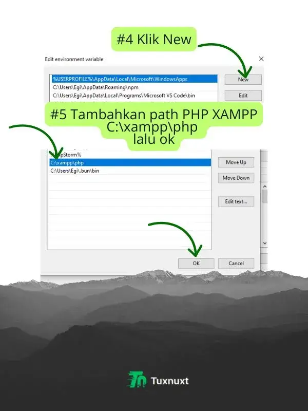 Klik New dan Tambahkan path ke php dari xampp