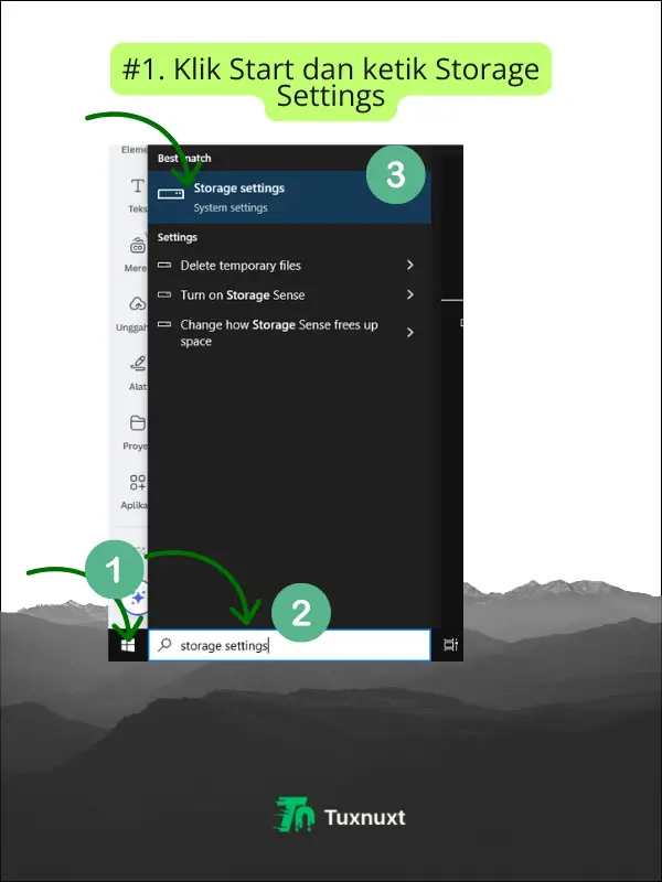 Klik start menu dan ketik storage settings