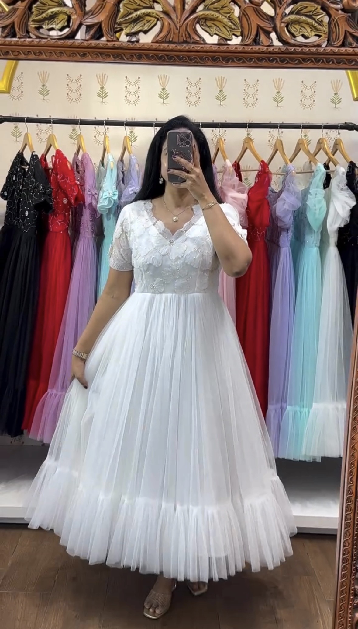 White Embroidered Tulle Midi Dress