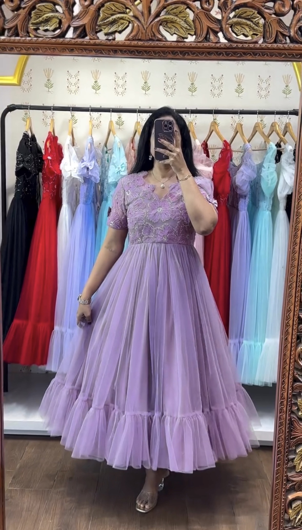 Lavender Embroidered Tulle Midi Dress