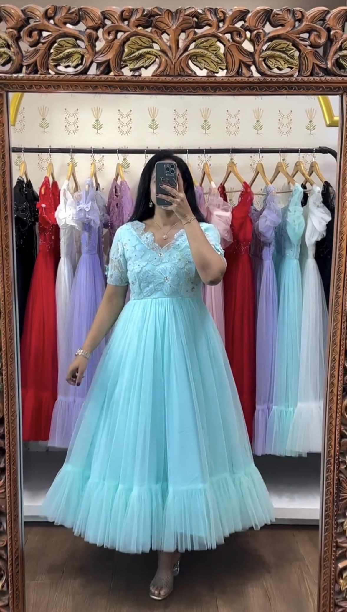 Sky Blue Embroidered Tulle Midi Dress