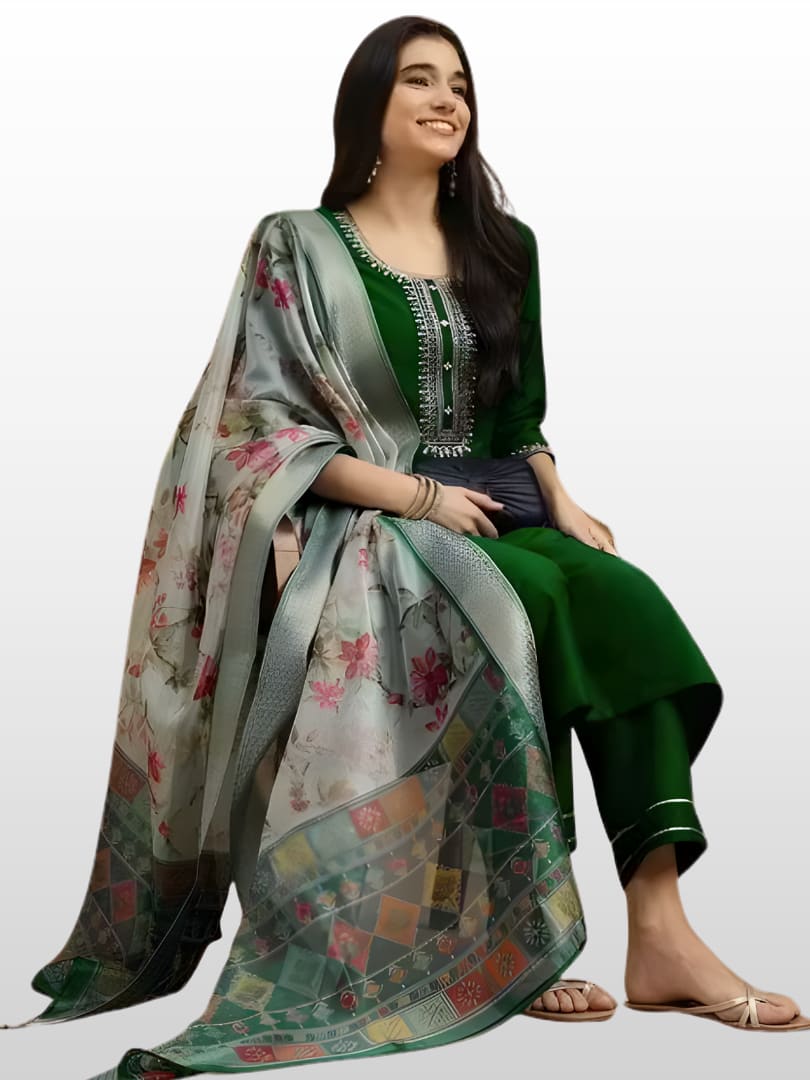 Emerald Green Rayon Ensemble with Silver Floral Dupatta