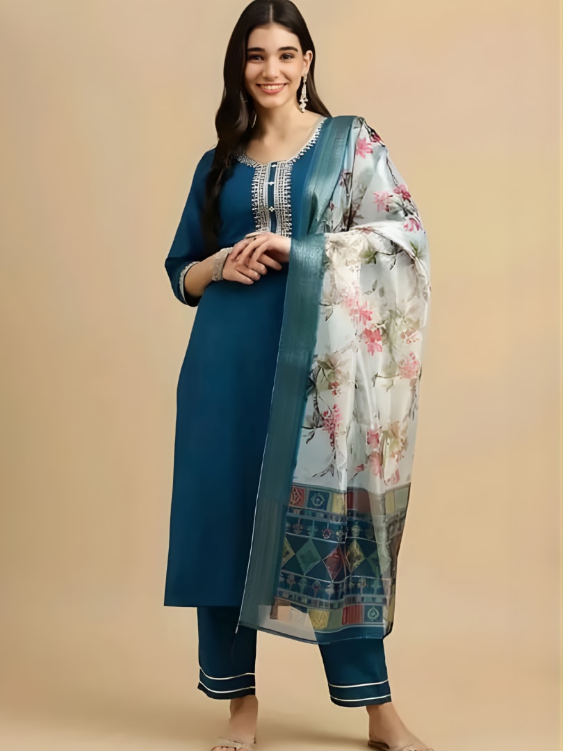 Peacock Blue Kurti Set with Floral White Dupatta