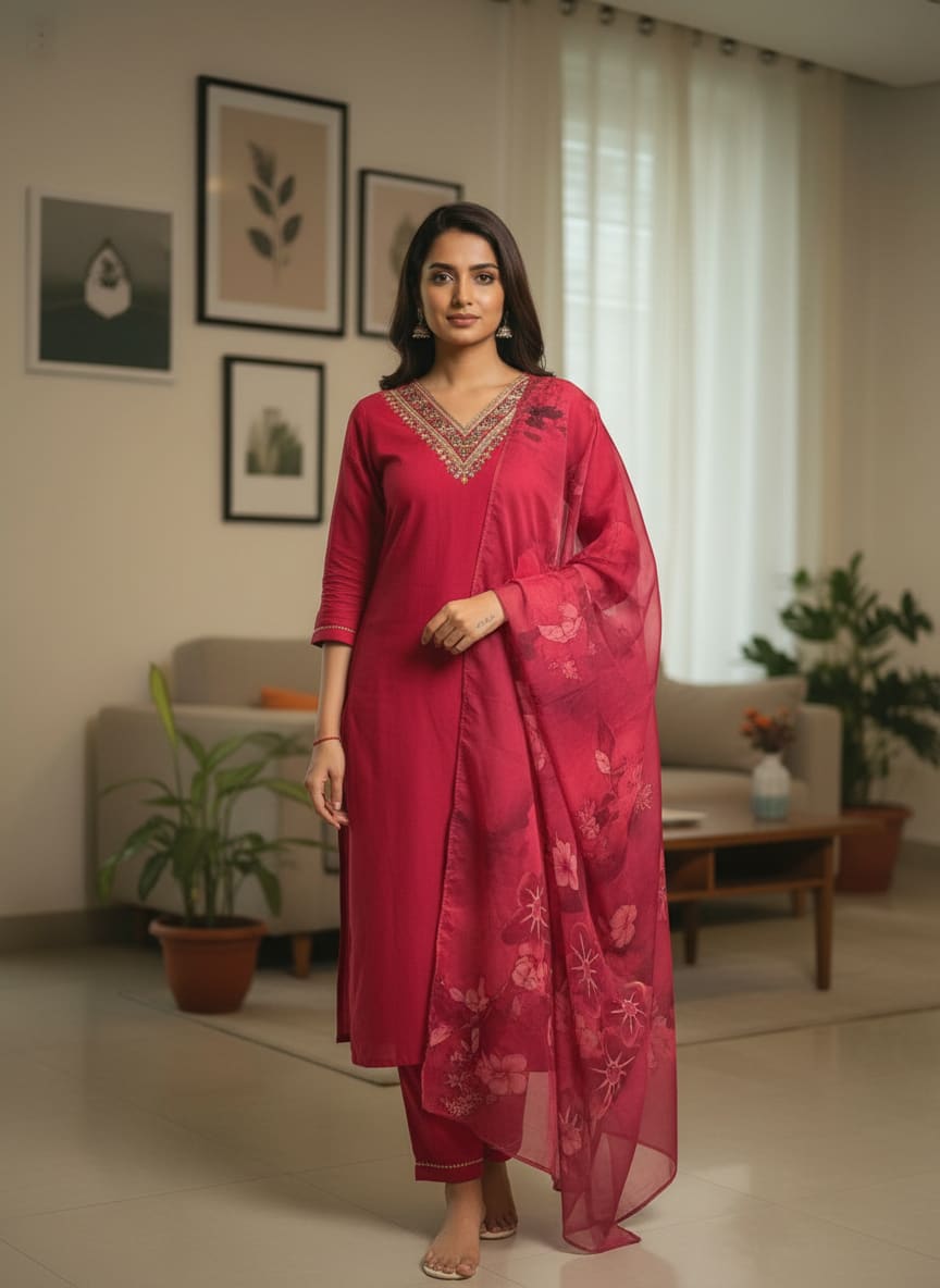 Ruby Pink Rayon Kurti Set with V-Neck Embroidery