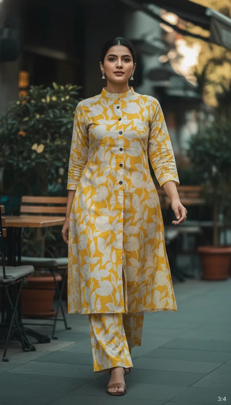 Premium Rayon Printed Co-ord Set with Foil Work – Yellow