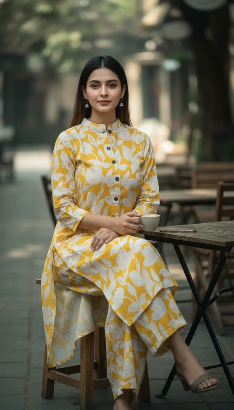 Premium Rayon Printed Co-ord Set with Foil Work – Yellow thumbnail 4