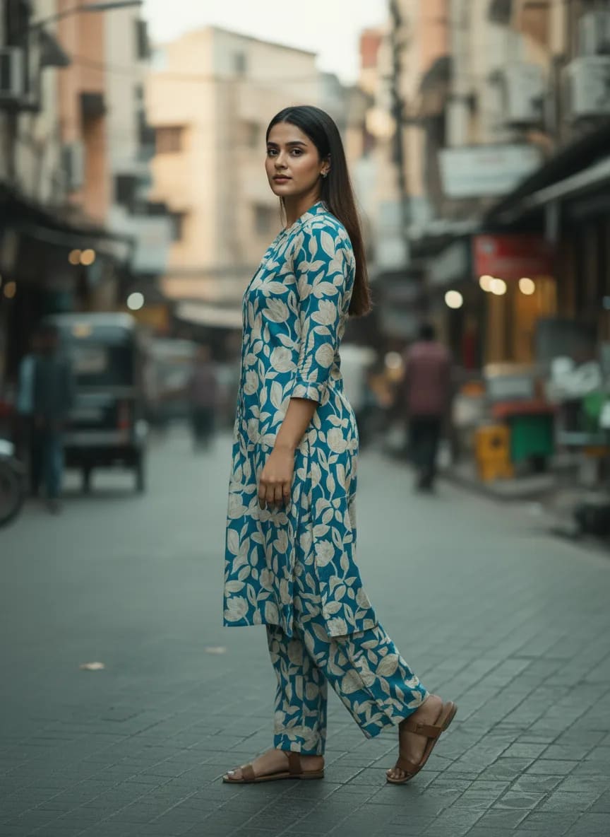 Premium Rayon Printed Co-ord Set with Foil Work (Blue) thumbnail 4