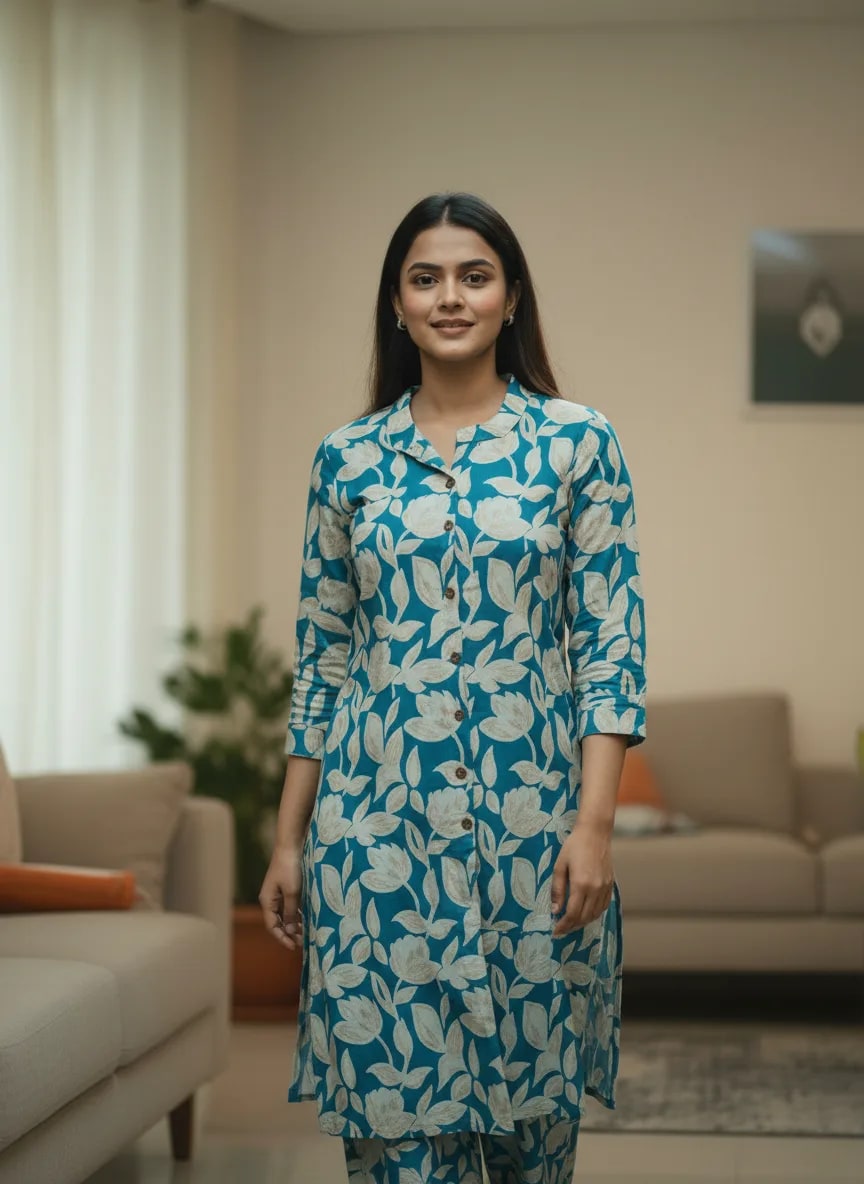 Premium Rayon Printed Co-ord Set with Foil Work (Blue) thumbnail 5