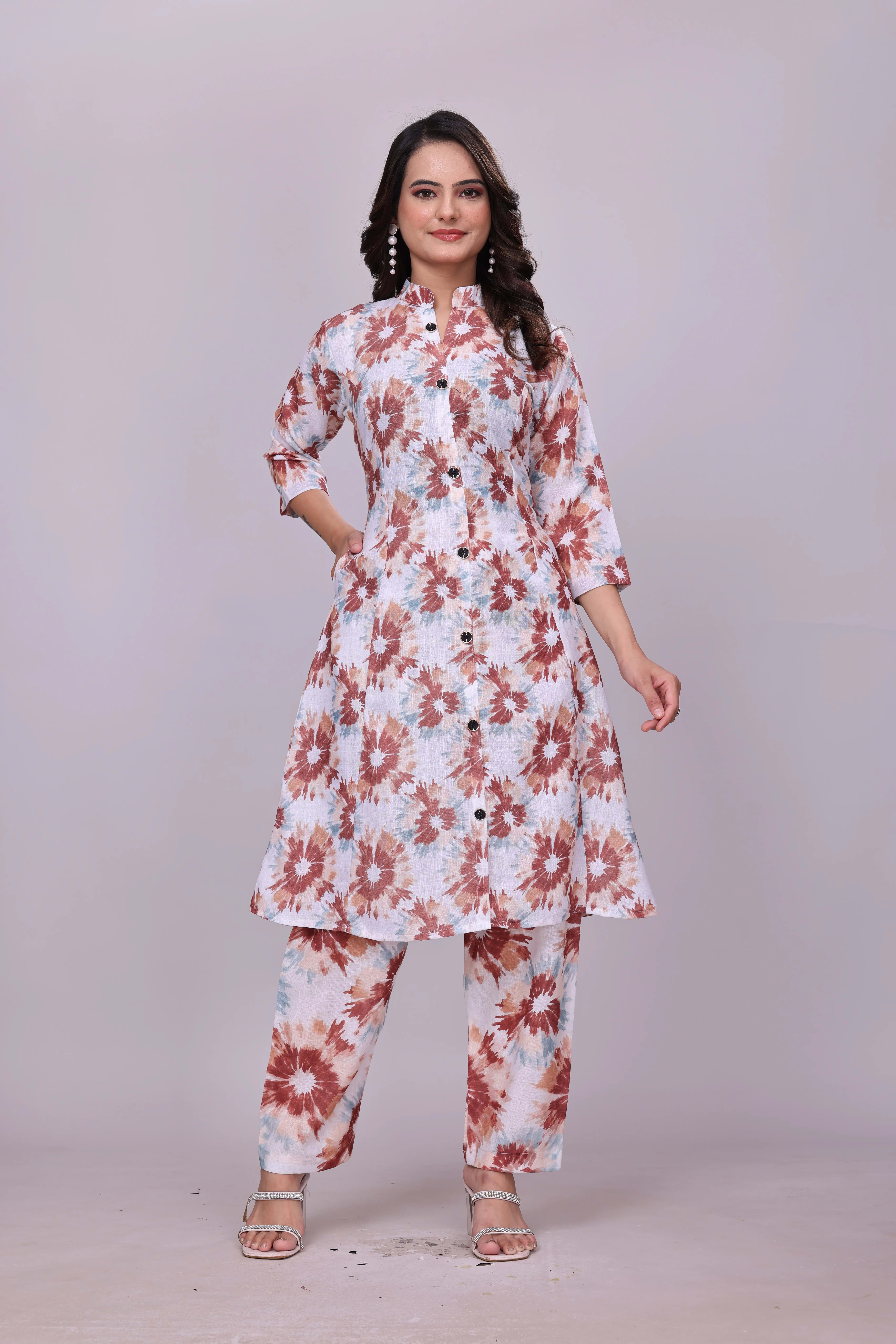 Premium Linen Printed Co-ord Set with A-Line Kurti & Pant thumbnail 1