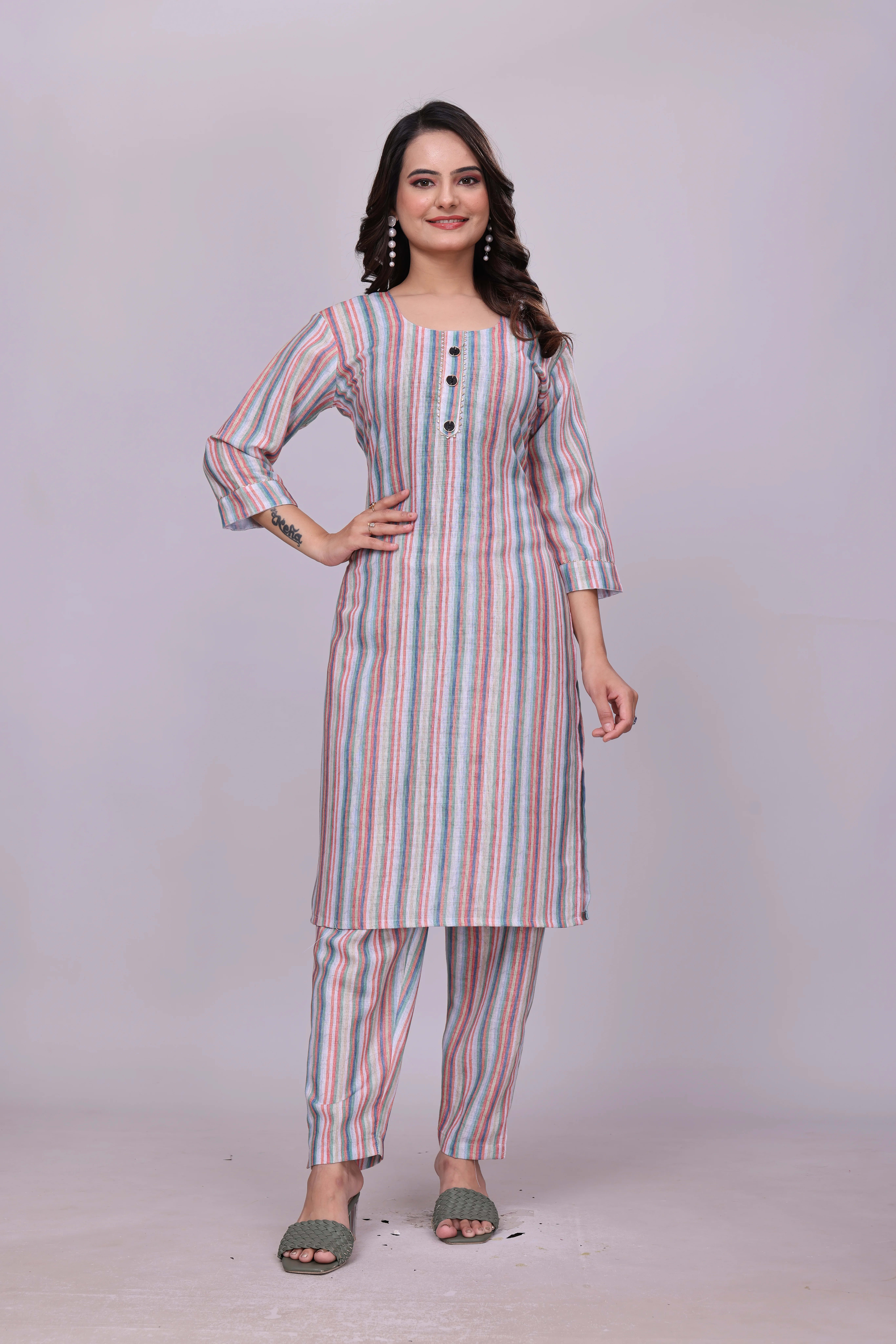 Premium Linen Striped Co-ord Set with Square Neck Kurti & Pocket Pant