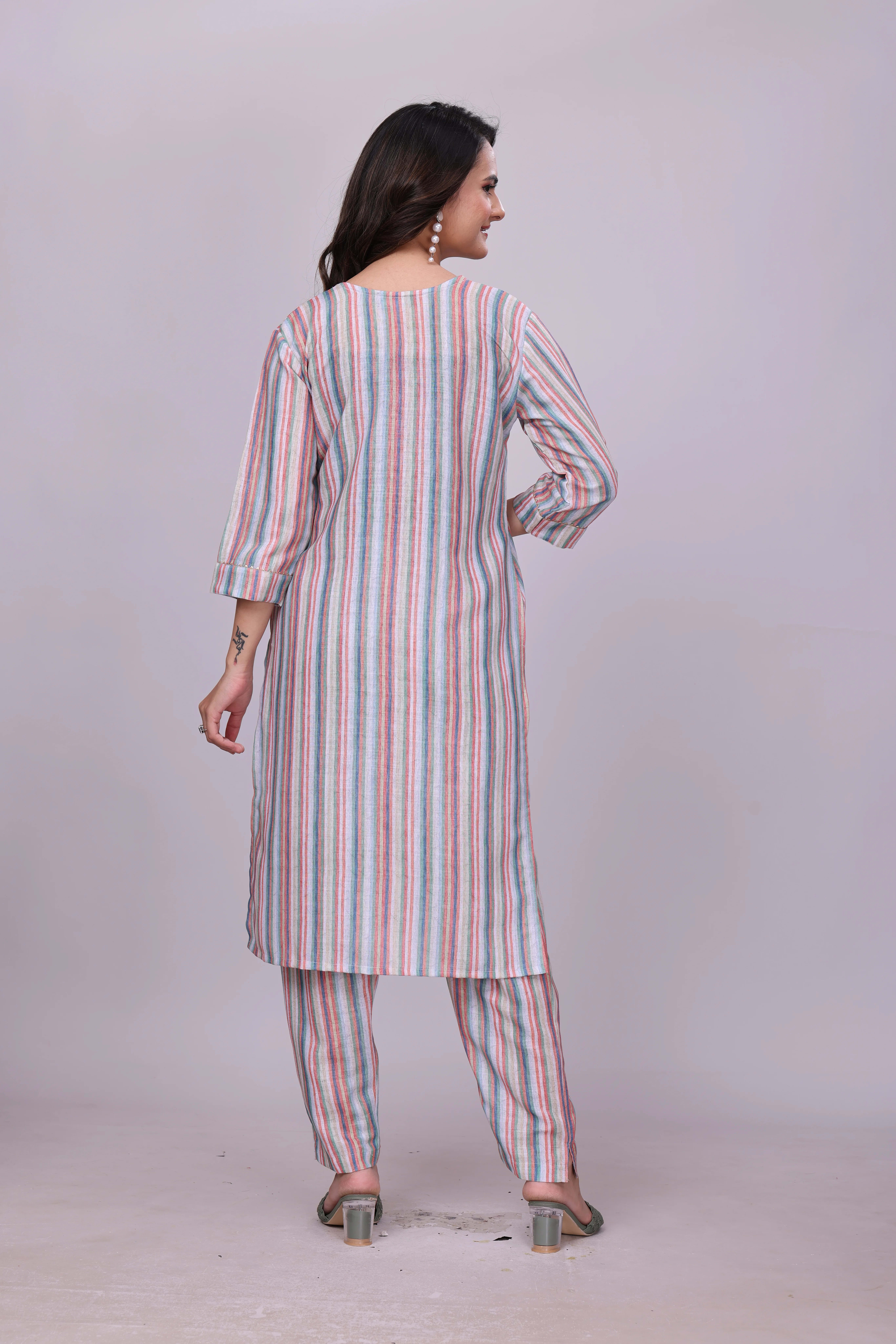 Premium Linen Striped Co-ord Set with Square Neck Kurti & Pocket Pant thumbnail 2