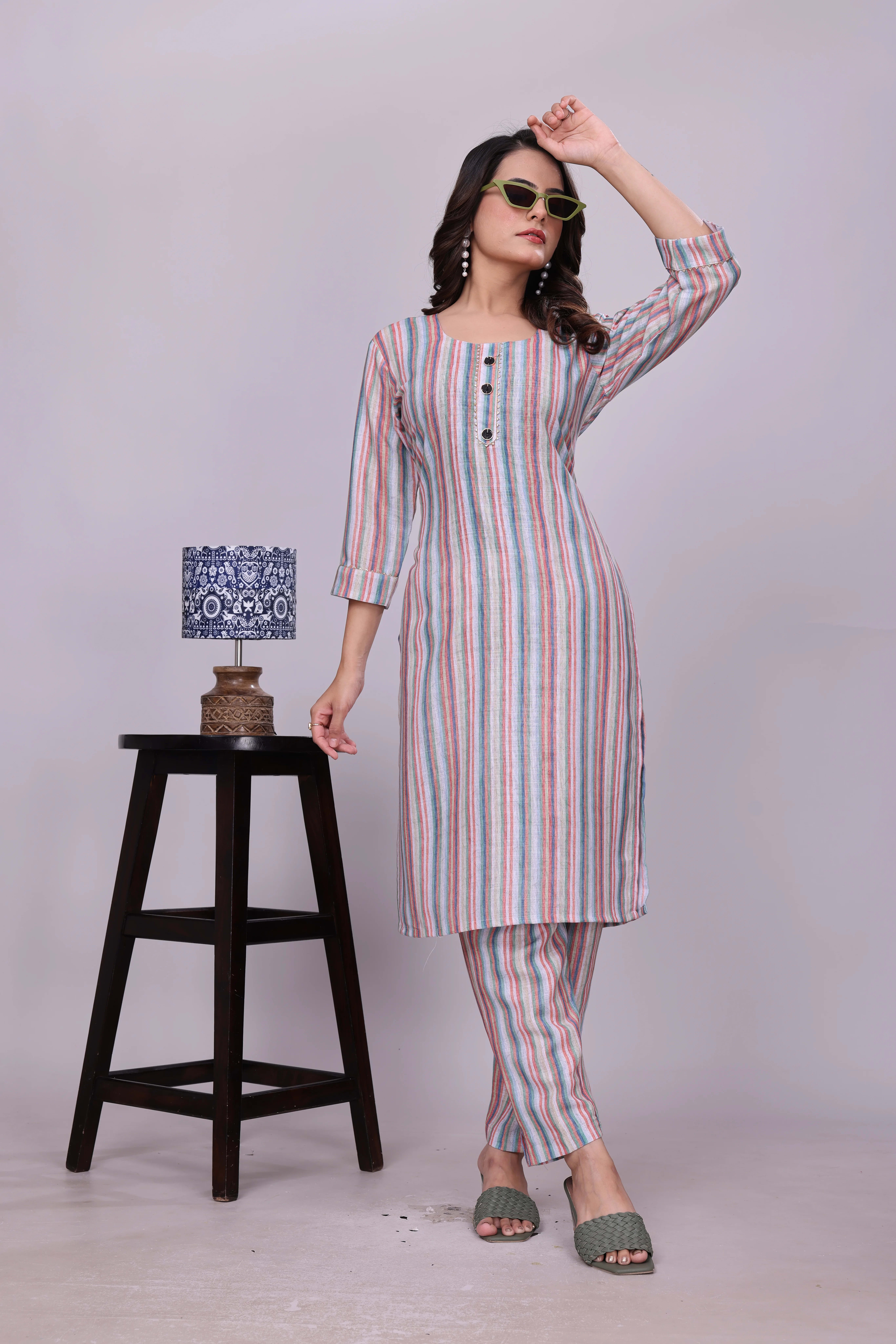 Premium Linen Striped Co-ord Set with Square Neck Kurti & Pocket Pant thumbnail 5