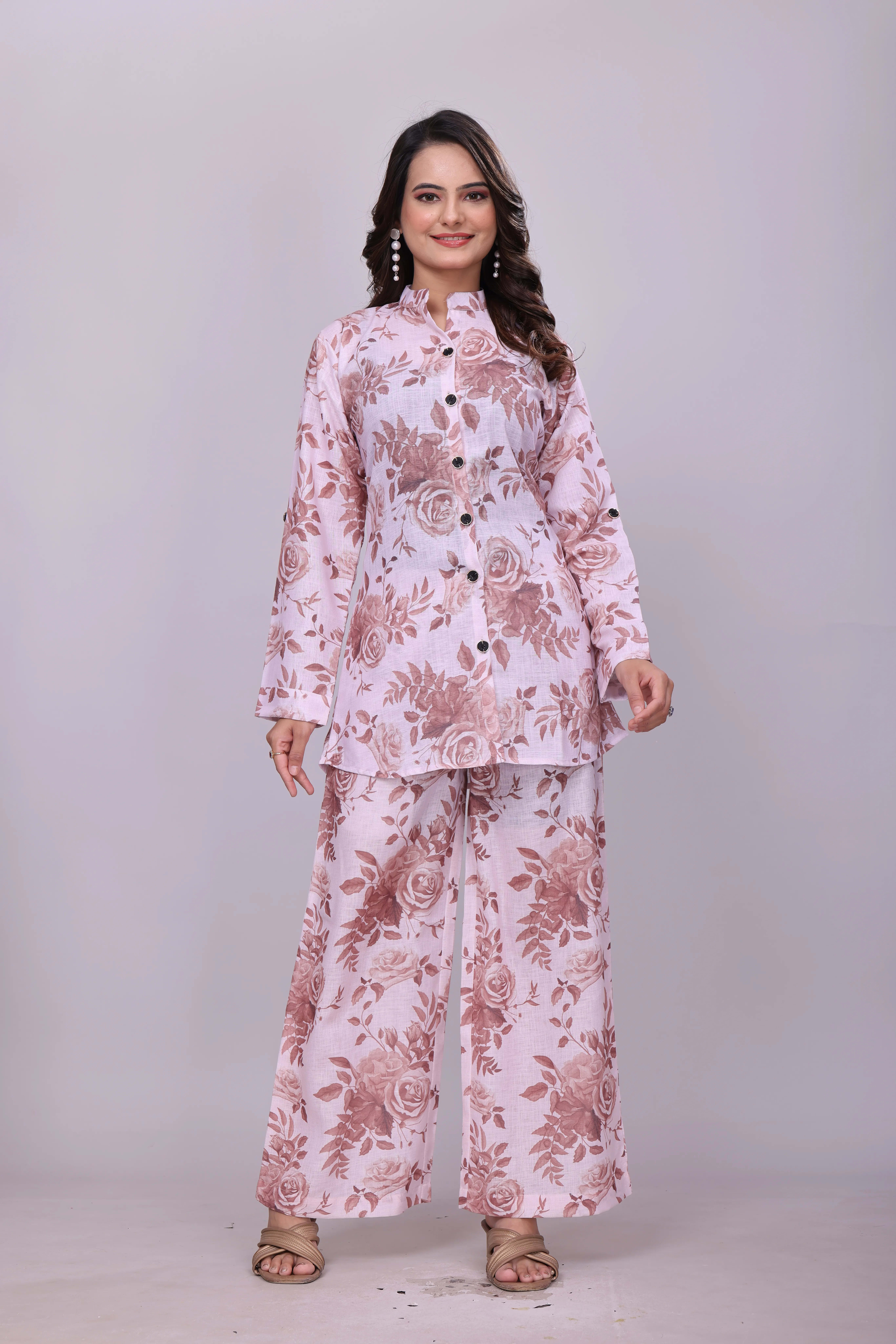 Premium Linen Printed Co-ord Set with Coat-Style Kurti & Pant thumbnail 1