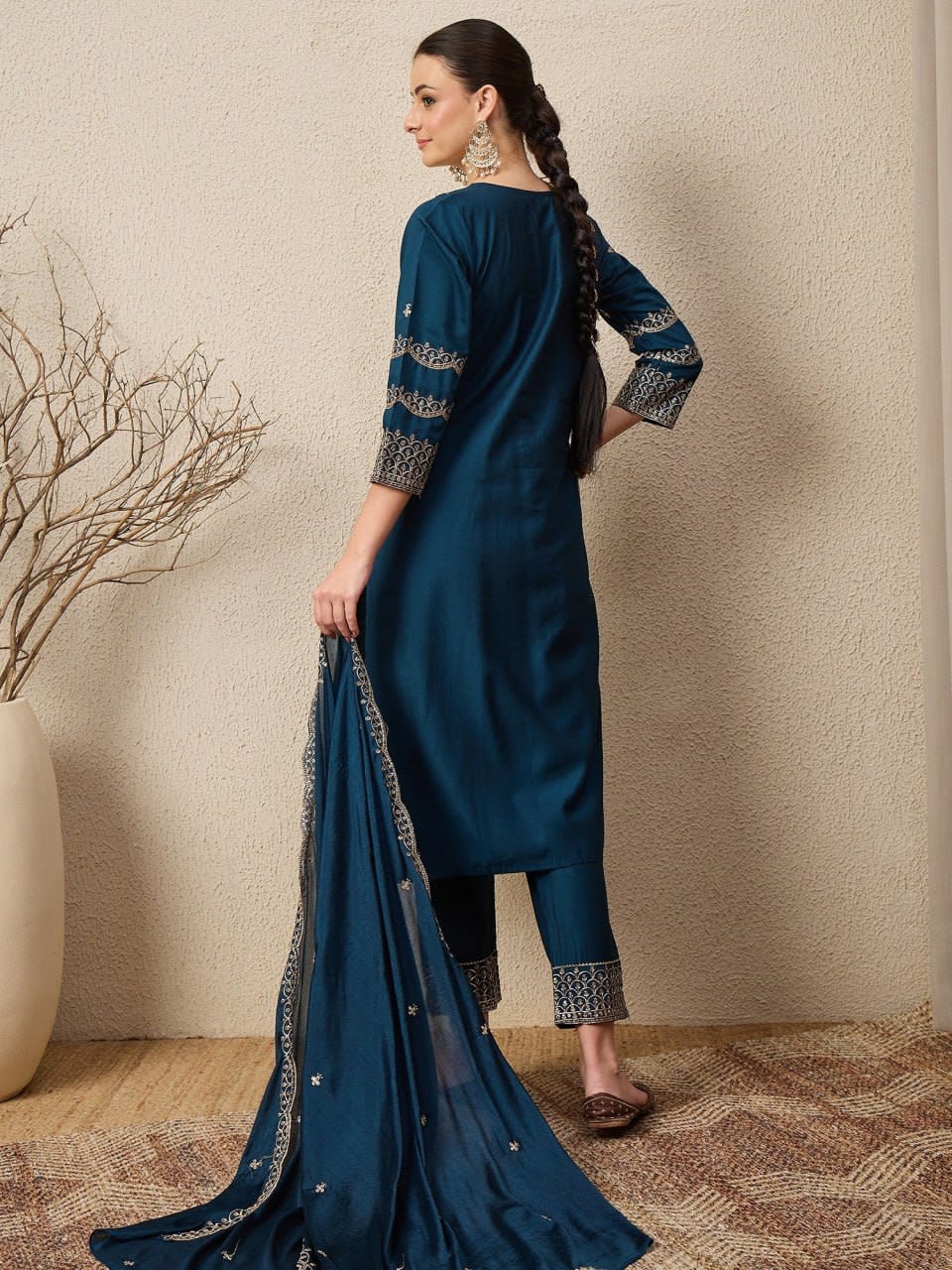 Embroidered Roman Silk 3-Piece Suit Set with Dupatta thumbnail 3
