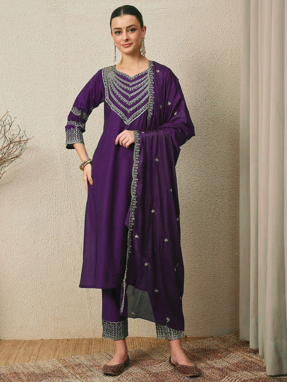 Embroidered Roman Silk 3-Piece Suit Set with Dupatta thumbnail 1
