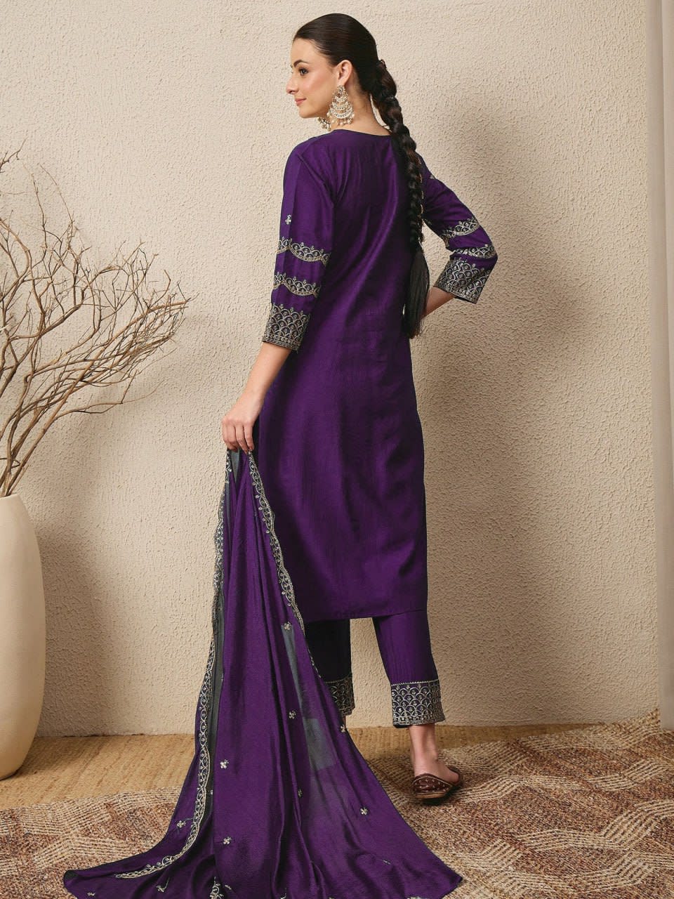 Embroidered Roman Silk 3-Piece Suit Set with Dupatta thumbnail 2