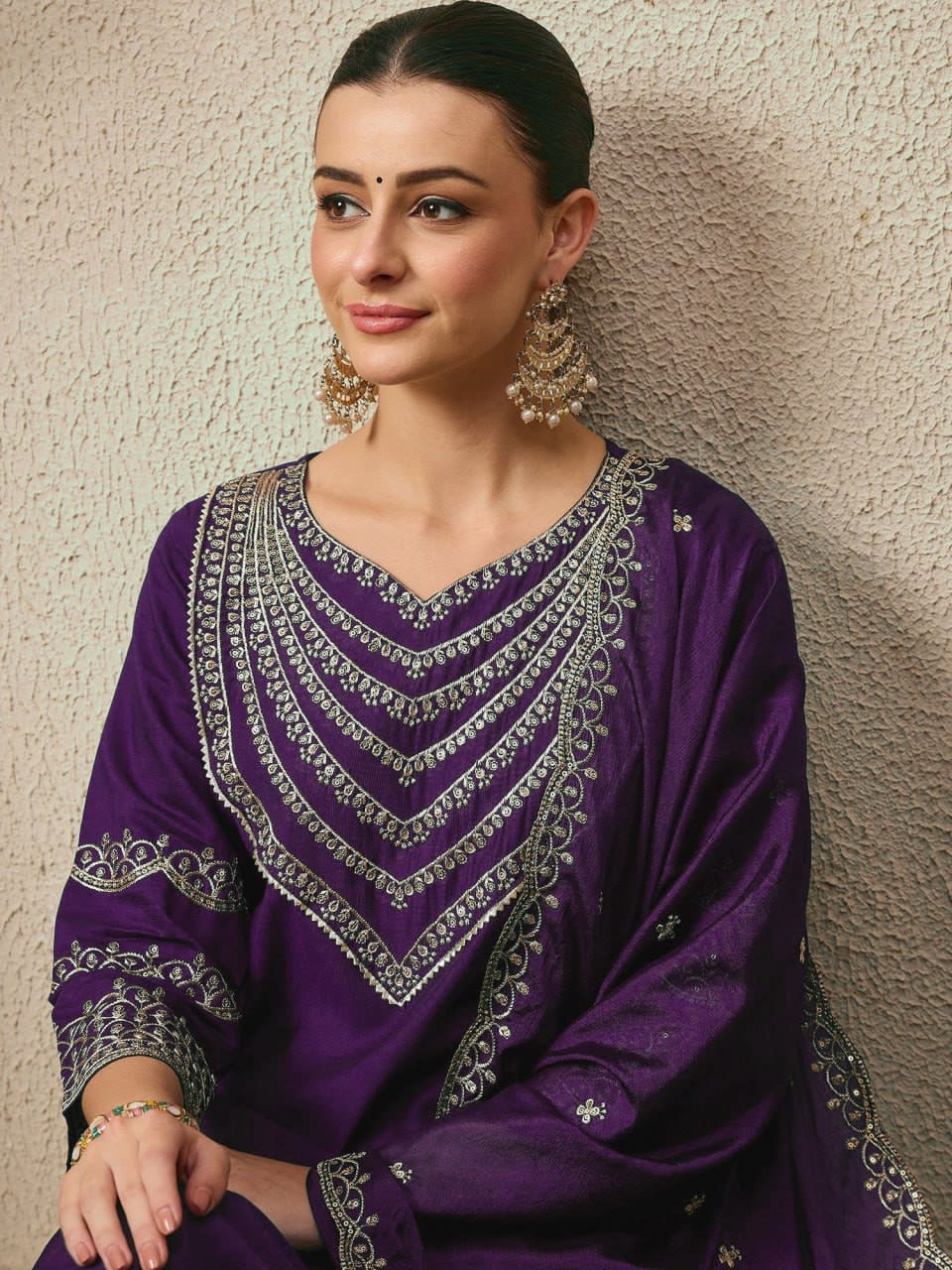 Embroidered Roman Silk 3-Piece Suit Set with Dupatta thumbnail 5