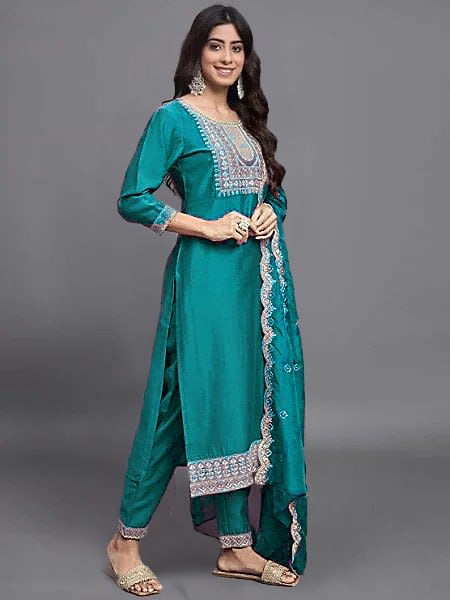 Embroidered Viscose 3-Piece Suit Set with Organza Dupatta thumbnail 3