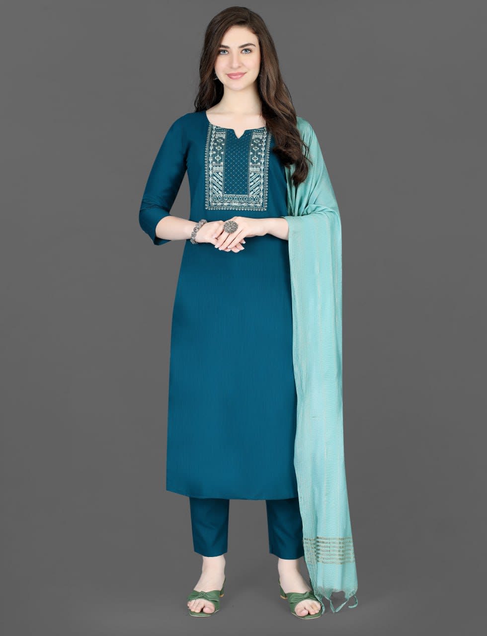 Embroidered Deep Blue Kurta Pant Set with Contrast Dupatta thumbnail 1