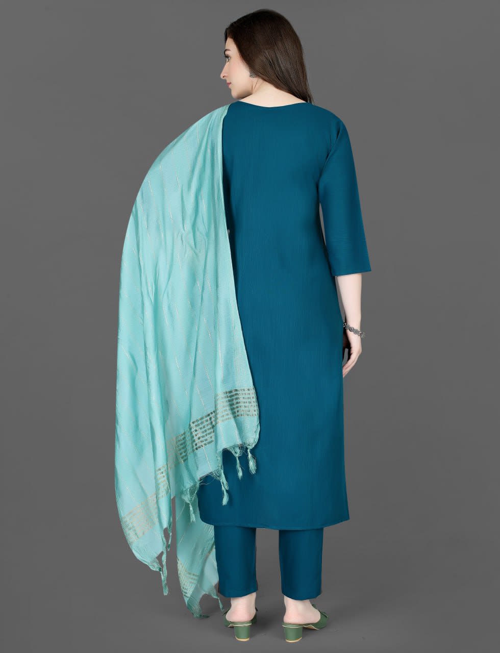 Embroidered Deep Blue Kurta Pant Set with Contrast Dupatta thumbnail 2