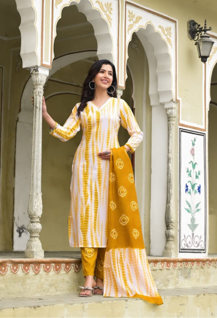 Printed Yellow Cotton 3-Piece Kurta Pant Set with Dupatta thumbnail 1