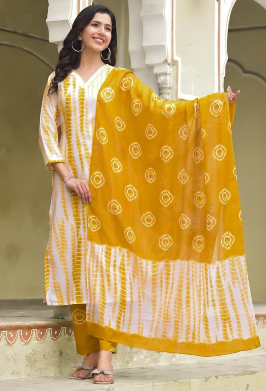 Printed Yellow Cotton 3-Piece Kurta Pant Set with Dupatta thumbnail 5