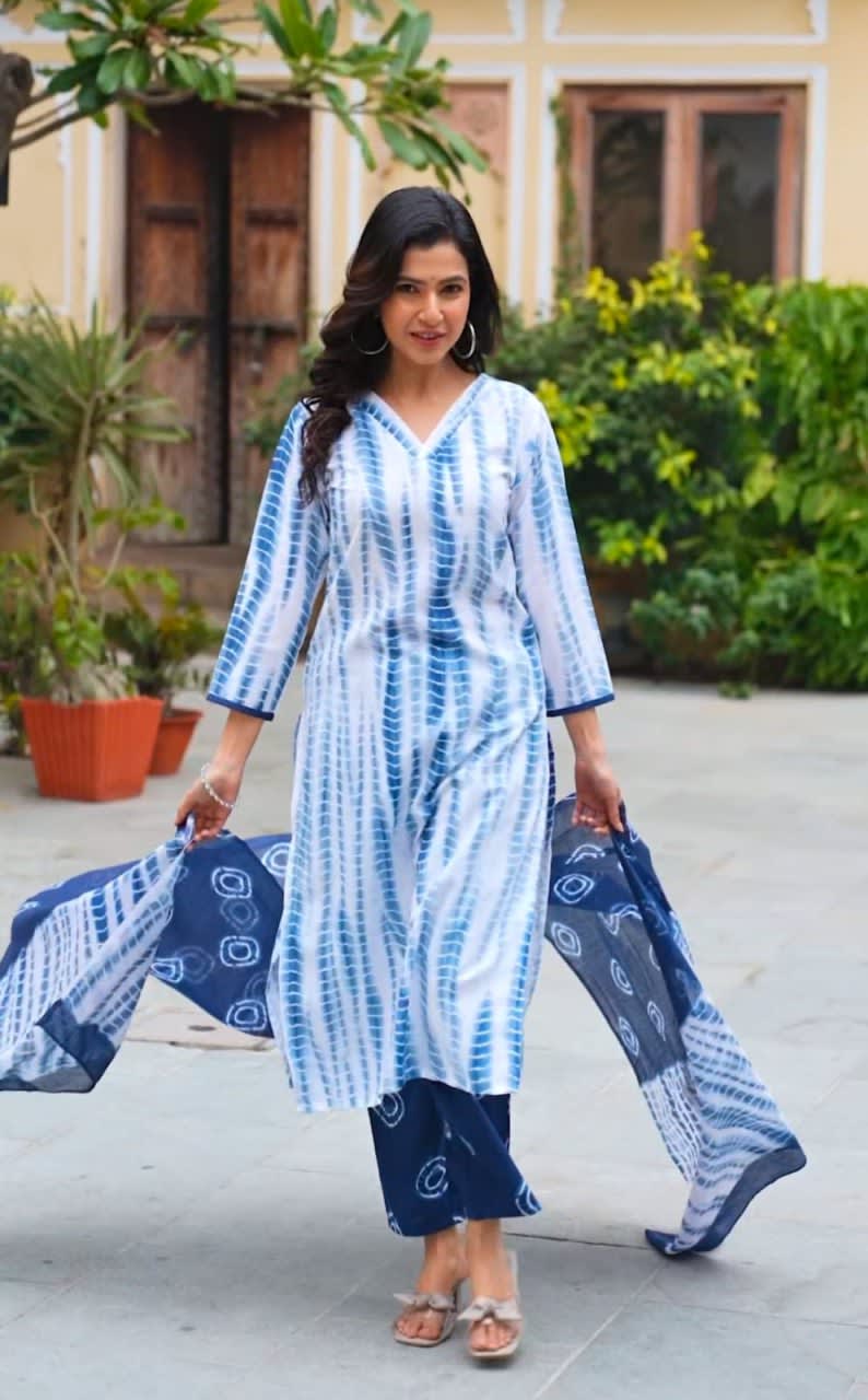 Printed Indigo Blue Cotton 3-Piece Kurta Pant Set with Dupatta thumbnail 1