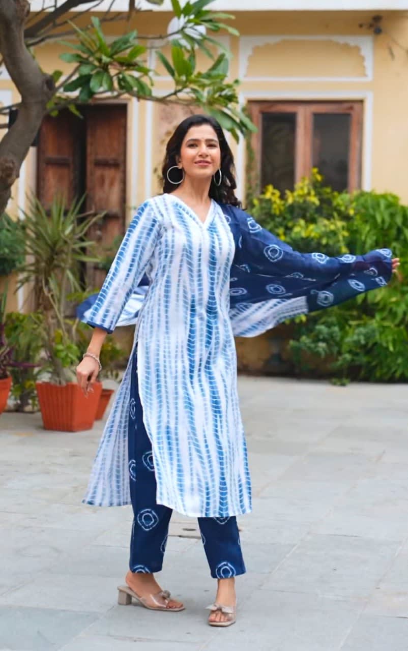 Printed Indigo Blue Cotton 3-Piece Kurta Pant Set with Dupatta thumbnail 3