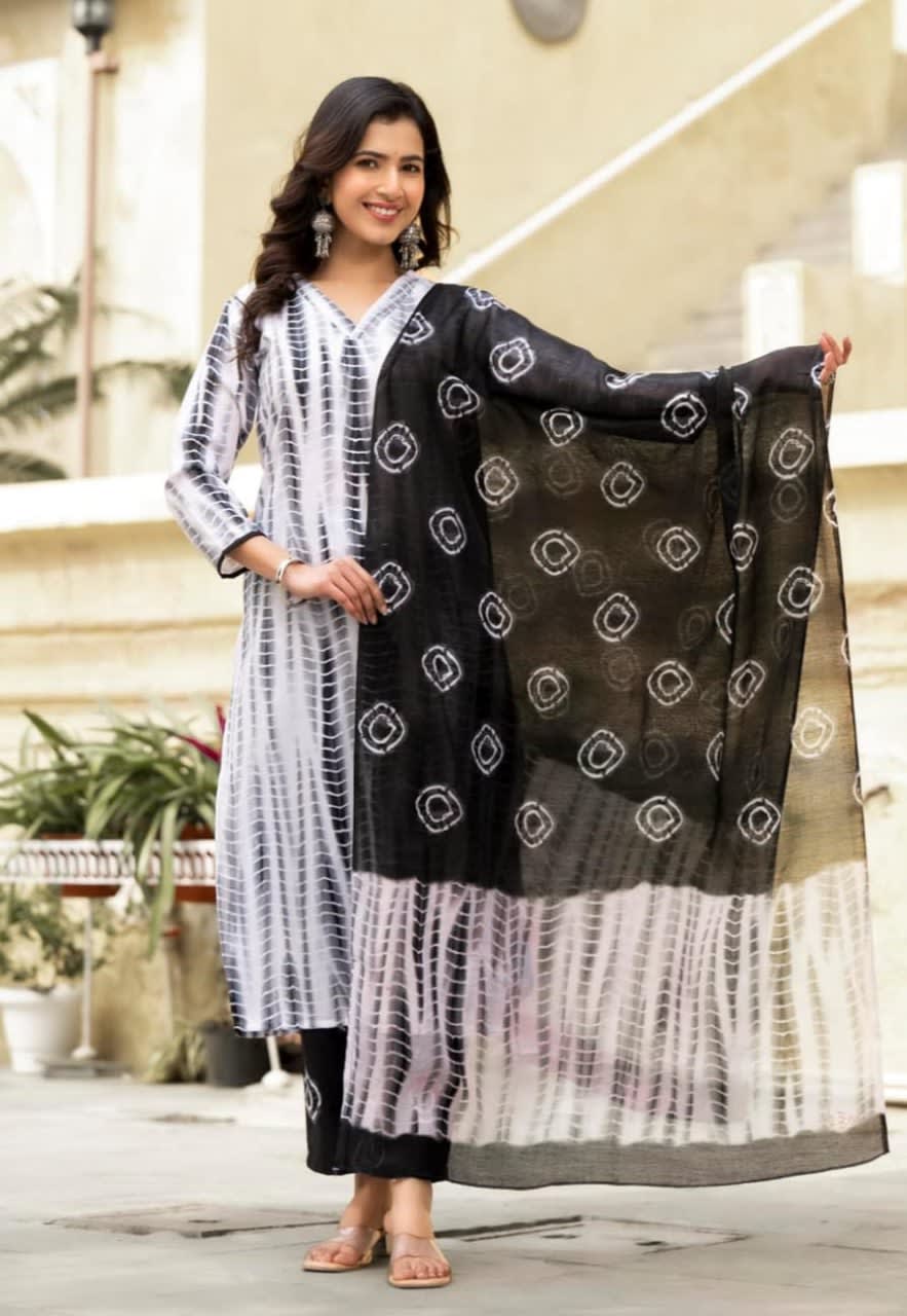Printed Black Cotton 3-Piece Kurta Pant Set with Dupatta thumbnail 5
