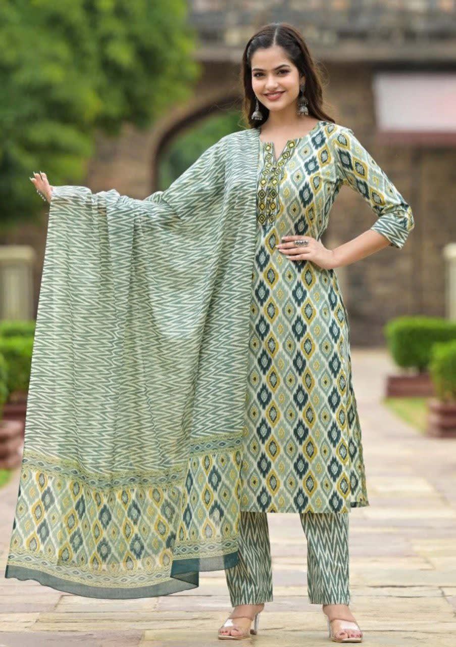 Printed Green Cotton 3-Piece Kurta Pant Set with Dupatta thumbnail 3