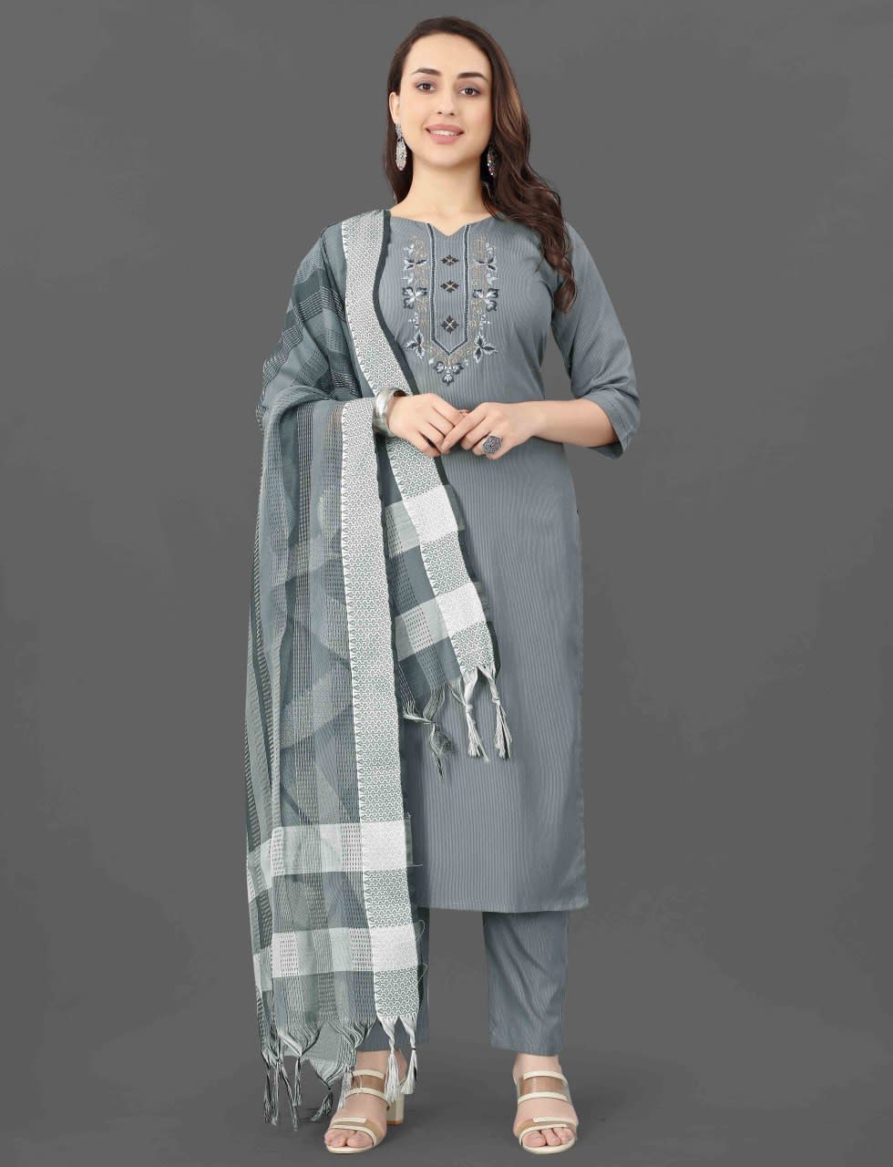 Mirror Work Grey Cotton Blend 3-Piece Kurta Pant Set with Dupatta thumbnail 1