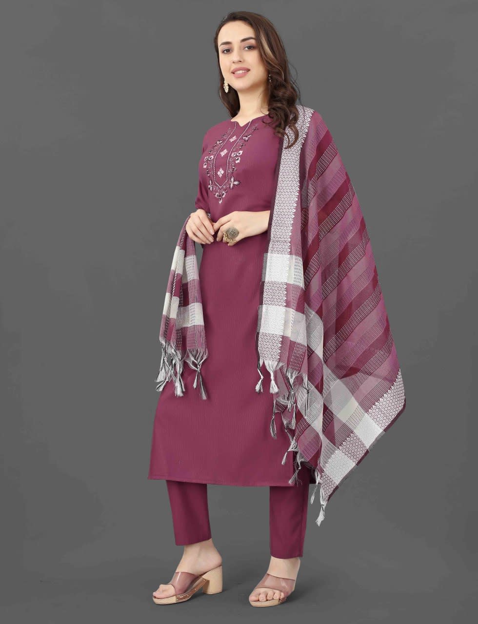 Mirror Work Maroon Cotton Blend 3-Piece Kurta Pant Set with Dupatta thumbnail 3