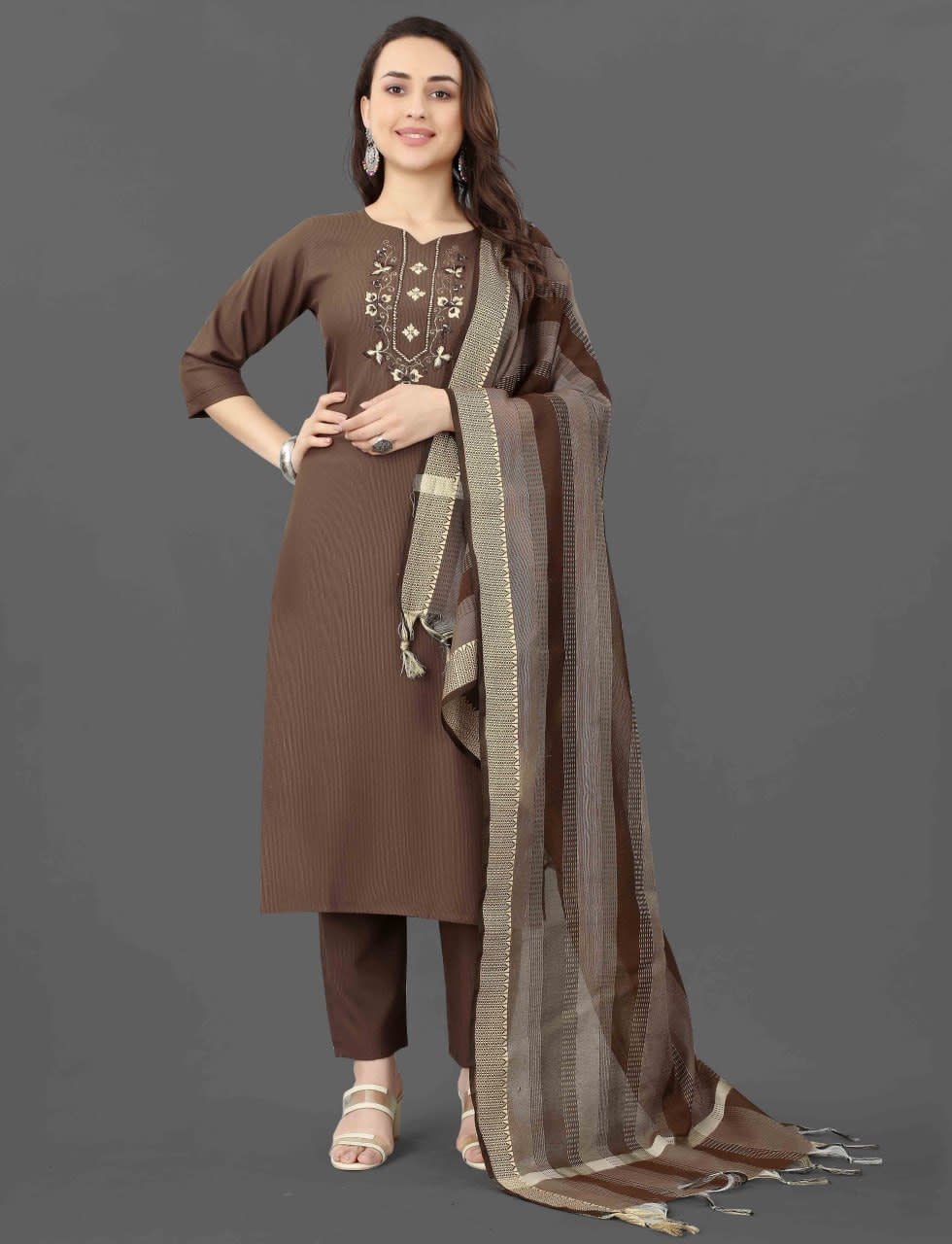 Mirror Work Brown Cotton Blend 3-Piece Kurta Pant Set with Dupatta thumbnail 1
