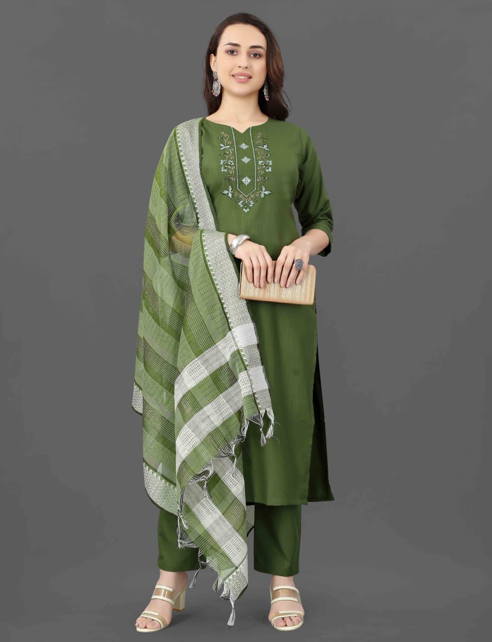 Mirror Work Mehndi Green Cotton Blend 3-Piece Kurta Pant Set with Dupatta thumbnail 1